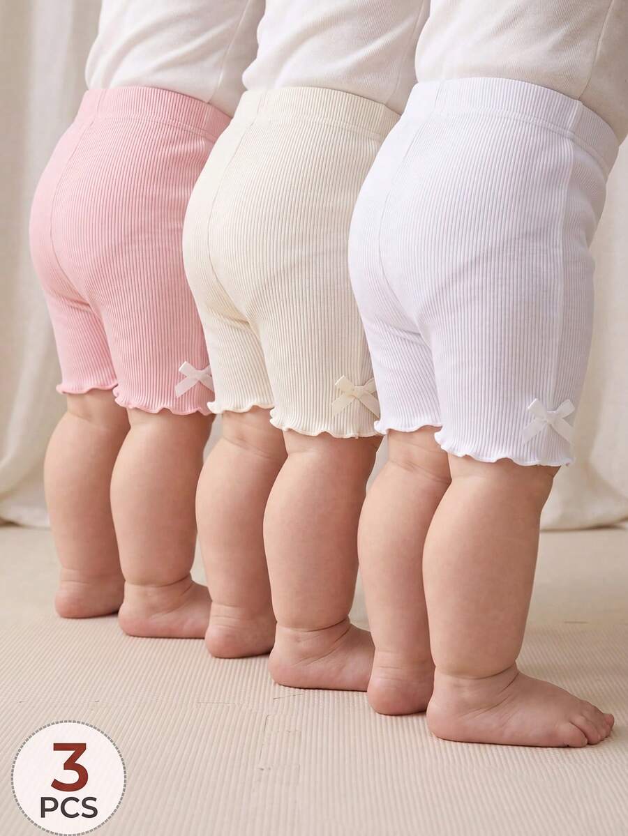 SHEIN Vintaside Kids 3件組女嬰0-3歲可愛夏季度假奶油白粉色灰色羅紋針織短褲套裝 柔軟彈性休閒運動貼身短褲 適合居家與戶外 - 彩色 - 查看 1