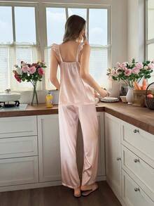 Snug Reverie Women's Satin Ruffle Trim Camisole & Wide Leg Pants Pajama Set, Front Button Closure Waist, Ice Silk Sleepwear 2pcs - Coral Pink - View 2