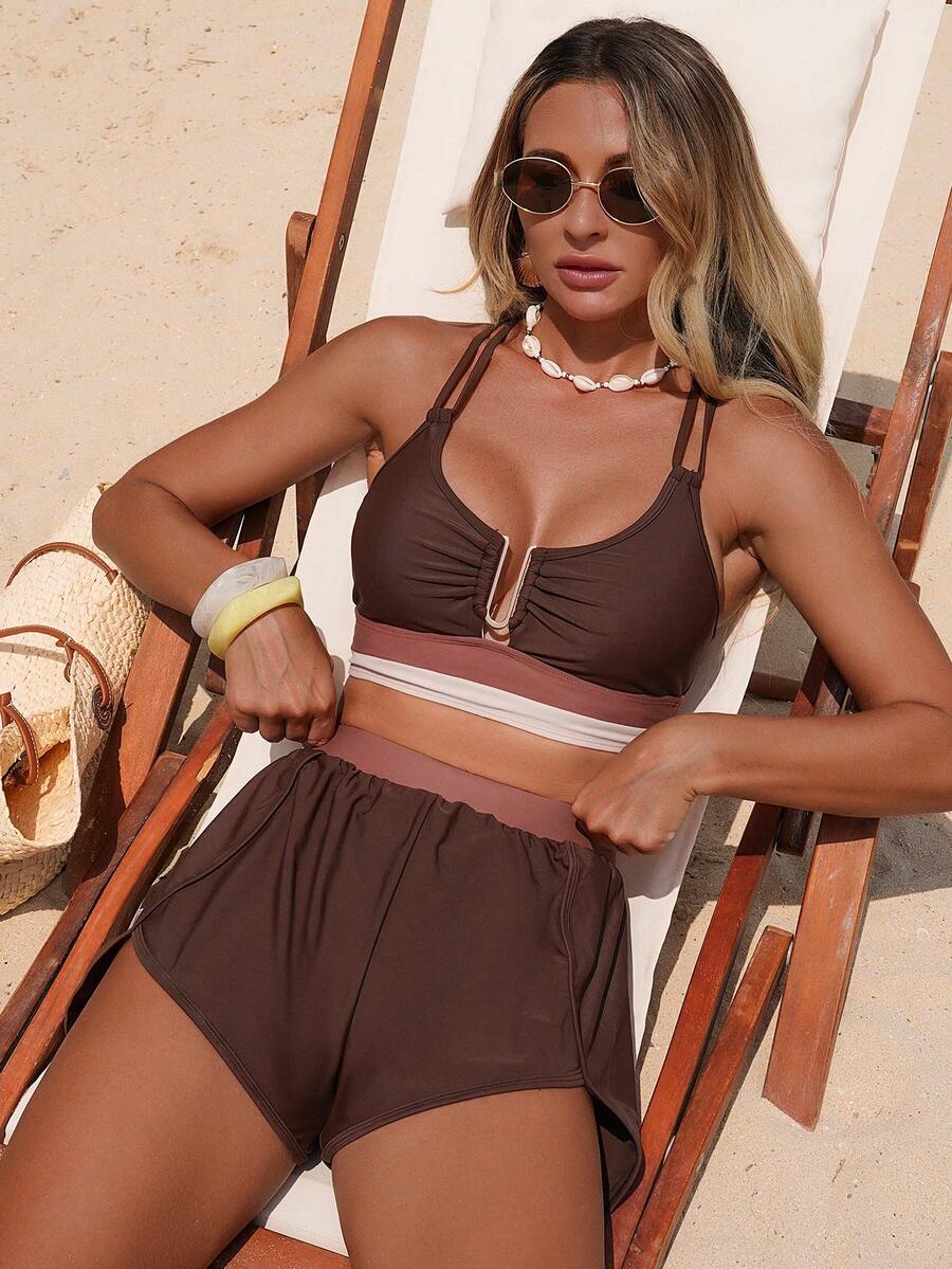 SHEIN Swim Hot Selling Beach Vacation Adjustable Strap Top + Colorblock Bottom + Elastic Waist Shorts 3 Pieces Set - Brown - View 1
