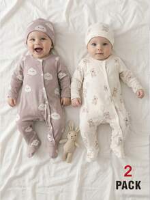 2 paquetes de mamelucos para bebés recién nacidos, con estampados lindos de nubes, estrellas y osos, de manga larga y con pies, suaves y cómodos - Multicolor - Ver 9