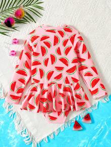 SHEIN Young Girl Cute & Cool Casual Beach Holiday Watermelon Fruit Pattern Contrast Color Raglan Sleeve One-Piece Swimsuit, Spring/Summer - Red - View 2