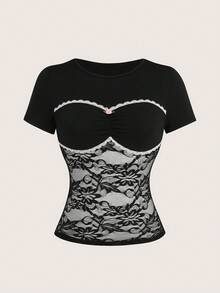 SHEIN Áo thun ren đen nữ kiểu dáng thường ngày - màu đen - Xem 3