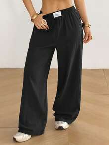 SHEIN EZwear Quần nữ màu đen dệt kim, cạp chun, kiểu dáng thường ngày - màu đen - Xem 5