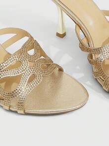 CUCCOO SZL Giày sandal nữ, mùa xuân hè, thiết kế rỗng đính đá, hở mũi, gót nhọn, thích hợp cho tiệc tùng, hộp đêm, sandal cao gót màu vàng nhạt. - Màu vàng nhạt - Xem 5