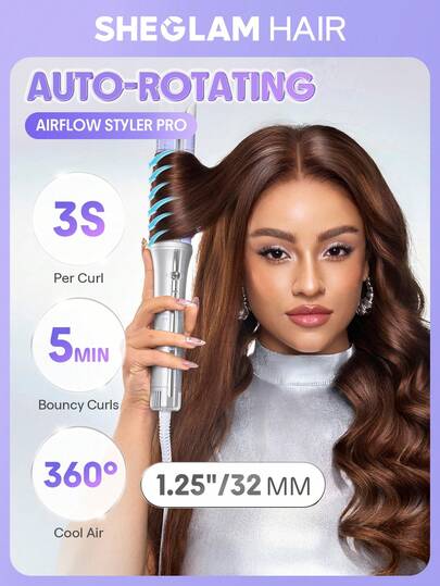 SHEGLAM HAIR Rizador One Touch Airflow Styler Pro de 32 mm, color plata-púrpura, rizador automático de aire frío, peinado rápido en 5 minutos, flujo de aire frío de 360°, funcionamiento con un solo toque, resultados duraderos, 5 temperaturas y protección anti-quemaduras, apagado automático, doble voltaje para cabello de longitud media, cabello largo y todo tipo de cabello - Enchufe estadounidense Cumpleaños Regalo Día festivo Rosa Onda Constituir Viajar Escuela Festivales Rosa Presente Chica Encanto cuidado del cabello Día de la Madre Elegante Moda Fiesta rave