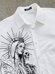 Manfinity ZONE917 Box-Shaped Loose Gothic Virgin Mary Skull Floral Text Print White Allover Print Short Sleeve Shirt, Suitable For Spring/Summer - White - View 2