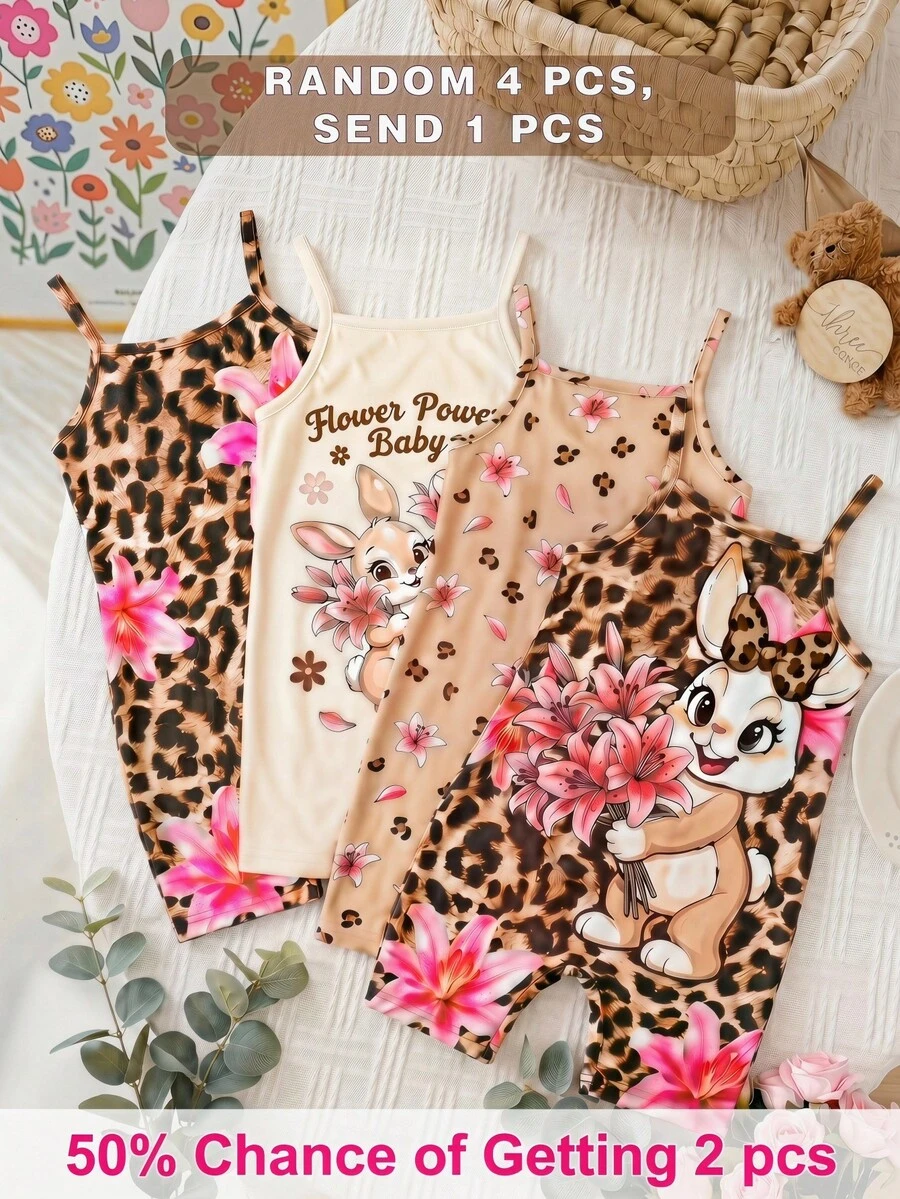 Baby Girl Summer Cute Casual Knit Leopard Print Jumpsuit - Brown - View 1