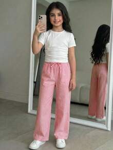 SHEIN Tween Girl Casual Crew Neck Top & Striped Pants Set Tween Girl - Red - View 7