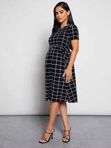 MaterniWear Maternity Grid Print Flare Hem Nursing Dress - Black and White - View 7