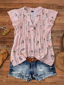 SHEIN LUNE CURVE Plus Size Floral Ruffle Trim Casual Shirt - Dusty Pink - View 1
