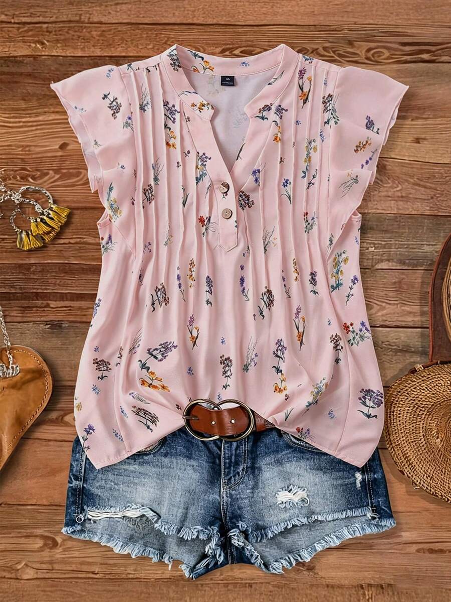 SHEIN LUNE CURVE Plus Size Floral Ruffle Trim Casual Shirt - Dusty Pink - View 1