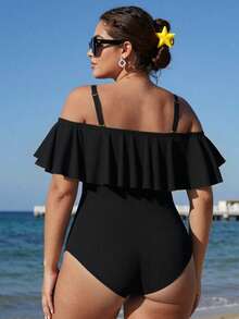 Swim Vcay Plus Size Ribbed Detachable Adjustable Strap Off-Shoulder Flare Sleeve Ruched High-Cut Swimsuit,Black,Summer,Formal,Tropical,Beach,Evening,Holiday - Black - View 2