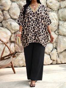 SHEIN Lady CURVE Plus Size Leopard Print Batwing Top And Pants 2 Pieces Set Holiday Vacation Black Summer Dinner Elegent - Multicolor - View 6