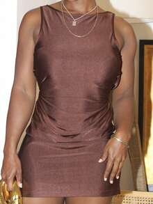 Steph T 2025 New Arrival Boat Neck Sleeveless Pleated Waist Backless Pearl Chain Decor A-Line Mini Dress, Brown Elastic Satin Elegant - Brown - View 6
