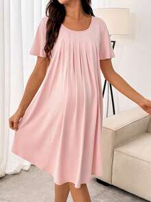 Slowluna Maternity Solid Color Short Sleeve Pleated Delivery Dress Nursery Spring - Pink - View 6