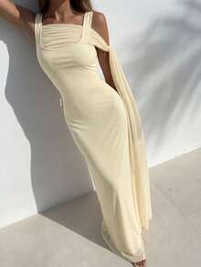 Modelyn Women's Solid Color Ribbon Design Elegant Party Dress - Light Yellow - View 2
