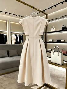 Franclia Đầm midi dáng chữ A cổ tròn không tay, thắt eo, thanh lịch, lãng mạn cho kỳ nghỉ hè, dự tiệc, đi làm dành cho nữ. - Màu be - Xem 2