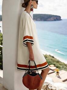 SHEIN Holidaya 夏季休闲V领中长连衣裙，适合商务、办公、户外、海滩、日常通勤等多种场合，复古优雅女装 - 彩色 - 查看 4
