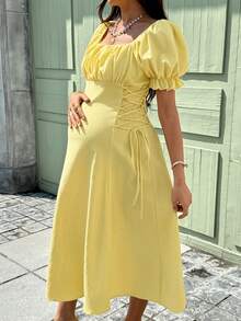 SHEIN Maternity Summer Solid Color Ruched Side Tie Wrap Puff Sleeve Dress - Yellow - View 6