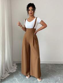 Elenzga Bộ jumpsuit ống rộng xếp ly đa năng dành cho nữ - màu nâu - Xem 3