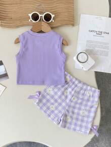 SHEIN Playful Pals 女婴夏季蓝色纹理无袖上衣和蓝色格子短裤套装，饰有蓝色蝴蝶结，日常必备单品 - 淡紫色 - 查看 3