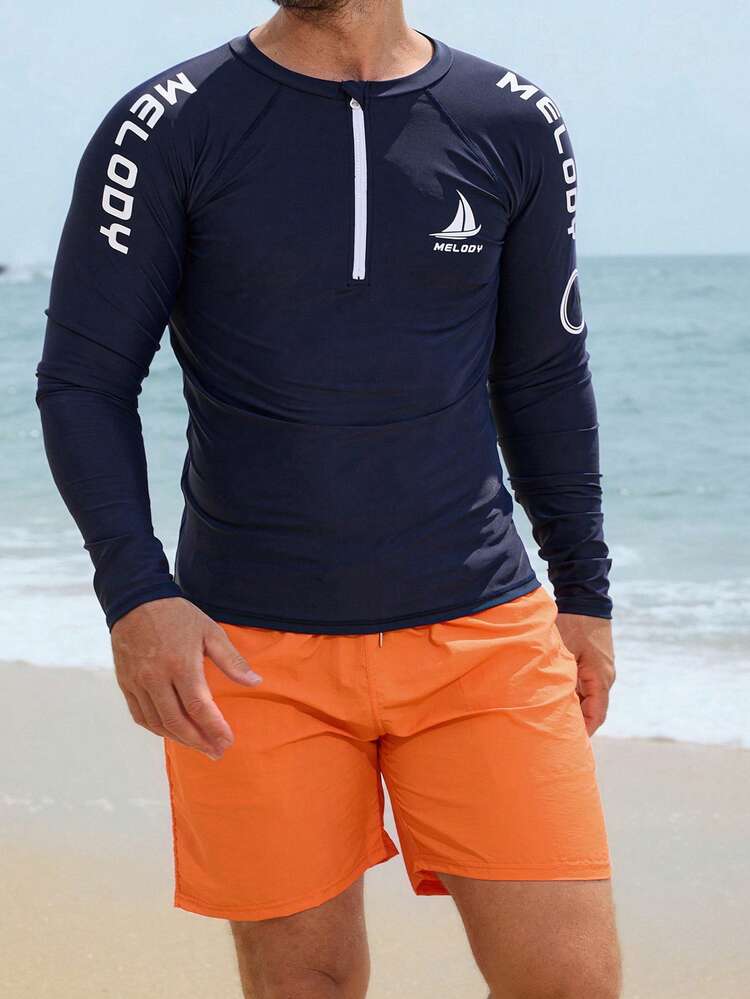 Men's Letter Print Half-Zip Rash Guard Long Sleeve Swimwear