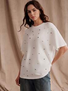 Anewsta Summer Fresh Colorful Rhinestone Embellished Fashion Women's Round Neck Loose T-Shirt - White - View 4
