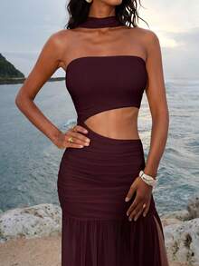 Opulessa Solid Color Knit Cutout Design Fitted Slit Dress For Women - Red Violet - View 6