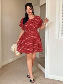 FleurLily Plus Size Elegant Raglan Waist Polka Dot Dress - Red - View 1