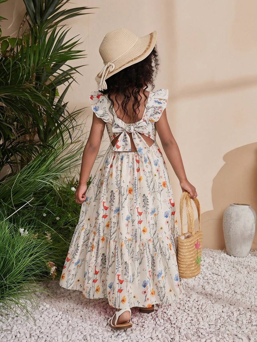 SHEIN Young Girl Chiffon Ditsy Floral Square Collar Ruffle Hem Casual Dress - White - View 1