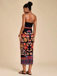 Travachic Frida Kahlo X SHEIN Women's Floral Butterfly Print Bodycon Dress, Suitable For Spring/Summer Vacation Beach Black Floral Boho - Multicolor - View 2