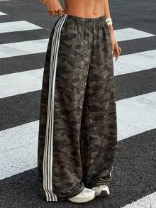 SHEIN EZwear 女士迷彩印花侧条纹阔腿运动裤 - 淺灰色 - 查看 7
