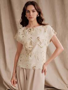 Anewsta Áo thun ngắn tay nữ mùa hè mới, thanh lịch, thêu ren đính sequin màu mơ, áo sequin nữ, trang phục nghỉ dưỡng nữ, thích hợp cho đi chơi, kỳ nghỉ, đi làm, công sở, áo thun nữ thường ngày. - Màu be - Xem 4