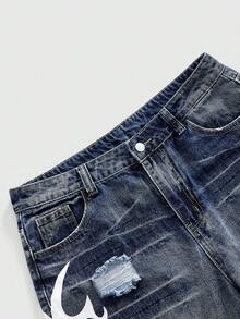ROMWE MEN Men's Street Style Printed Denim Shorts, Loose Fit, Casual Distressed Ripped Jeans - Dark Wash - View 3