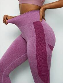 Voyena Plus Size Women High Waist Patchwork Color Casual Versatile Daily Wear Sports Leggings - Purple - View 5