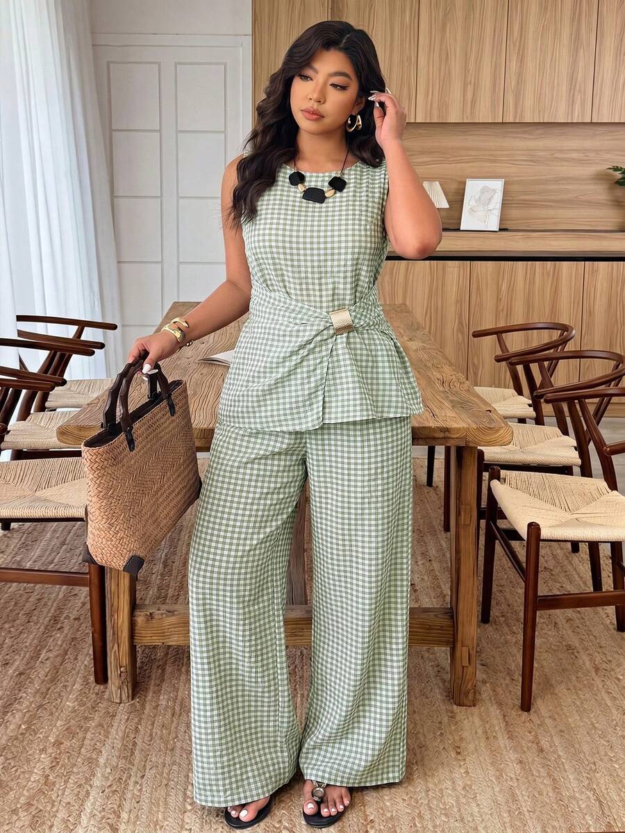 Weeklong Plus Size Women Spring/Summer Sleeveless Plaid Asymmetric Hem Casual Vacation Outfit - Multicolor - View 1