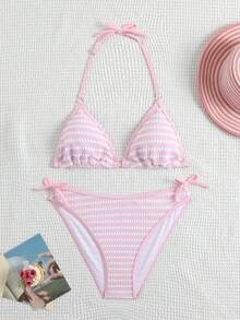 SHEIN 少女粉色条纹极简时尚吊带比基尼套装，休闲海滩度假装，夏季新品 - 粉色 - 查看 6