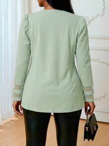 SHEIN Lady Elegant Plus Size Mint Green Longline Coat With Round Neck And Sheer Panel Sleeves - Mint Green - View 2