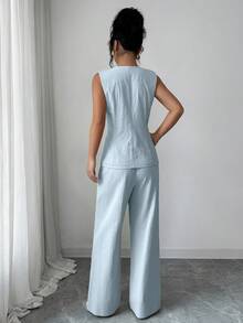 SHEIN Raffinéa Bộ vest nữ thanh lịch kiểu Pháp, thích hợp cho kỳ nghỉ và đi làm, họa tiết hoa vàng, cài khuy. - Màu xanh lam - Xem 2