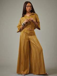 NYA SZN Matching Set Zip Up Top Wide Leg Pant Striped - Yellow - View 6