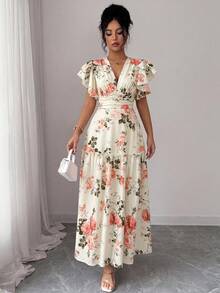 SHEIN Elenzya 荷叶边V领收腰A字印花连衣裙，优雅浪漫，适合茶会、乡村度假、旅行等场合。 - 彩色 - 查看 5