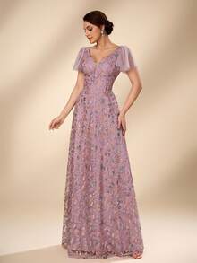 Serin Women's Elegant Luxurious Lotus Pink Beaded Embroidered V-Neck Ruffle Sleeve A-Line Dress, Suitable For All Formal Occasions, Bridal Mother Dress - Dusty Pink - View 8