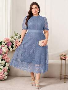 Reflora Plus Size Women's White Lace Midi Dress, Elegant Short Sleeve Summer Dress - Dusty Blue - View 5