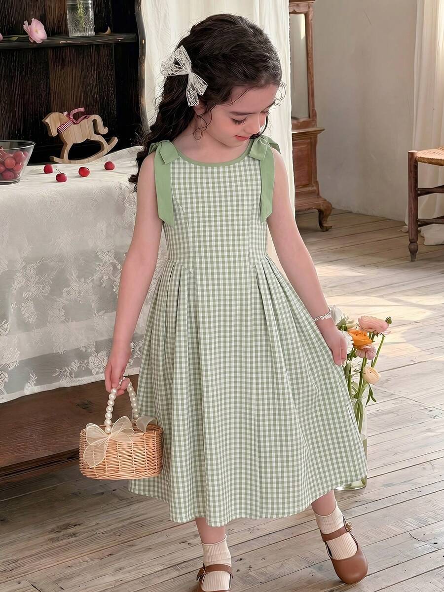 SHEIN LMoss Kids 少女休闲优雅格子圆领无袖连衣裙，配有可拆卸蝴蝶结，适合日常穿着