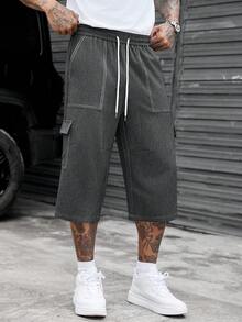 SLATEMANN Pantalones cortos cargo de estilo callejero estadounidense con pespuntes, cintura con cordón, sueltos de longitud 7/10 casual - Negro - Ver 5