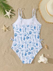 SHEIN Teen Girl New Summer Beach Style Blue Shell Print One-Piece Swimsuit - Blue - View 3