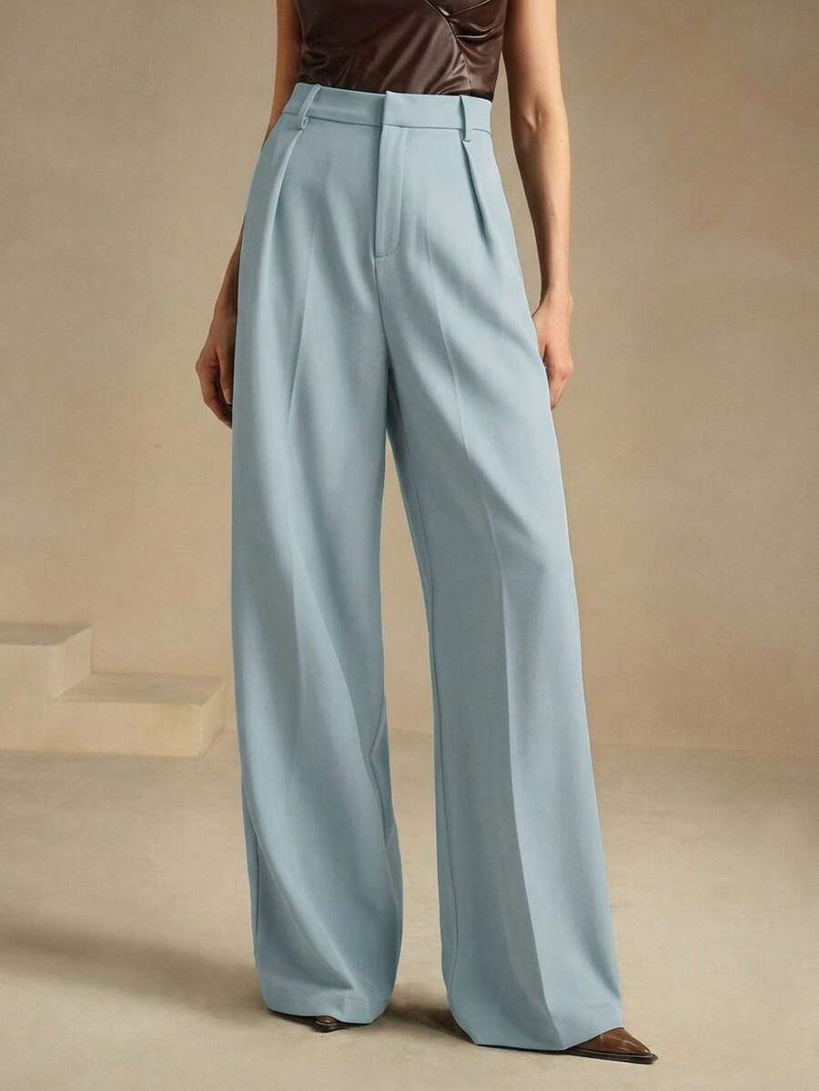 Anewsta Petite Elegant Fashion Design Pleated Sky Blue Women's Suit Pants With Pockets Solid Color Straight Leg Petite Pants, Summer Work Outfits For Women Office Outfits For Women - Blue - View 1