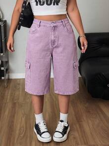 SHEIN ICON Pantalones cargo azul desgastado de corte recto y holgado con bolsillos grandes - Morado - Ver 5