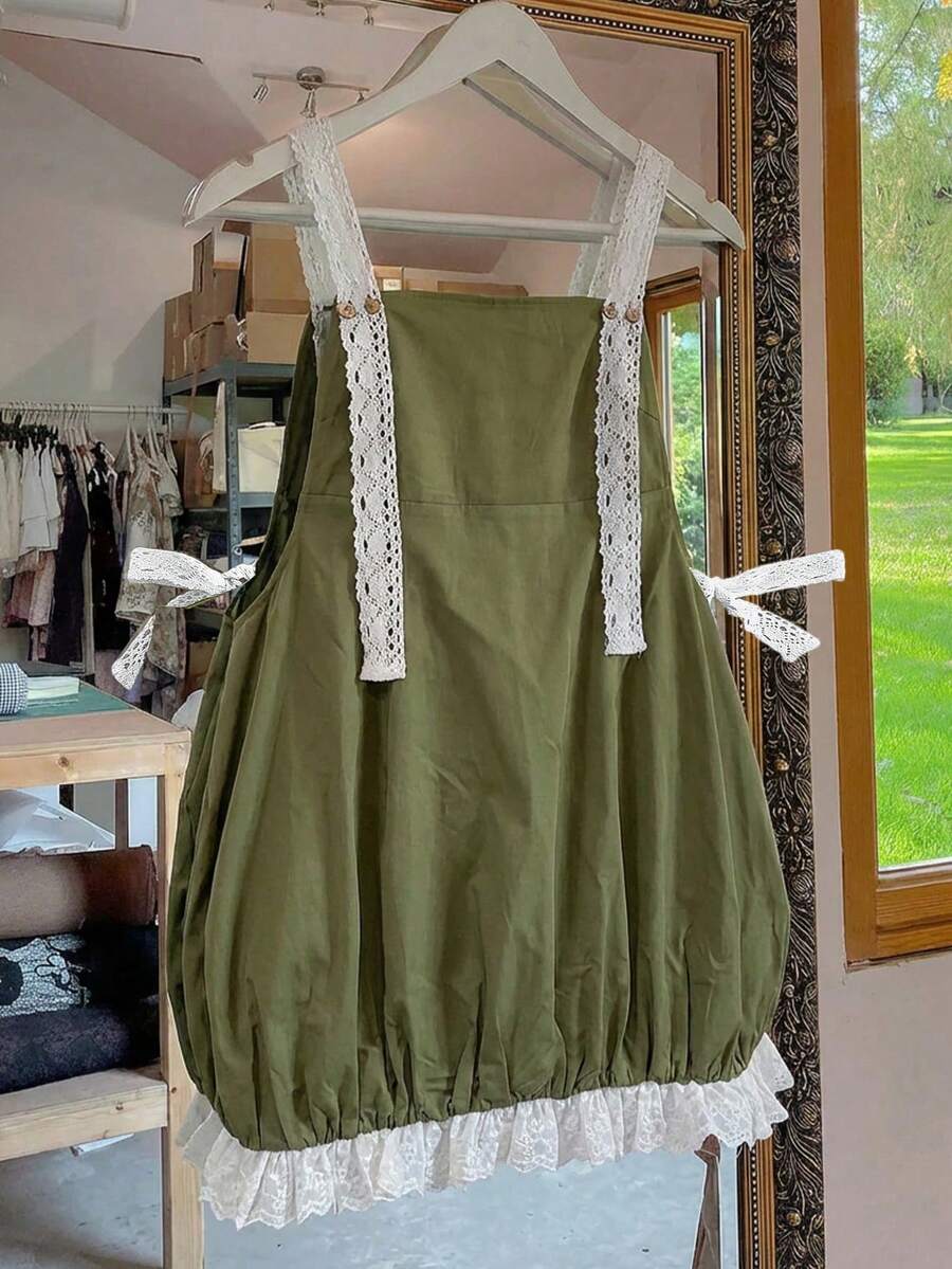 Sweetra Vestido holgado de verano para mujer talla grande con encaje de contraste, lazo y estampado floral - Verde militar - Ver 1