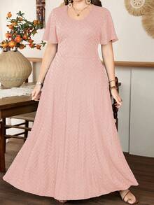 Modelyn Plus Size Women Ruffle Hem A-Line Dress, Minimalist Elegant Short Sleeve - Pink - View 5